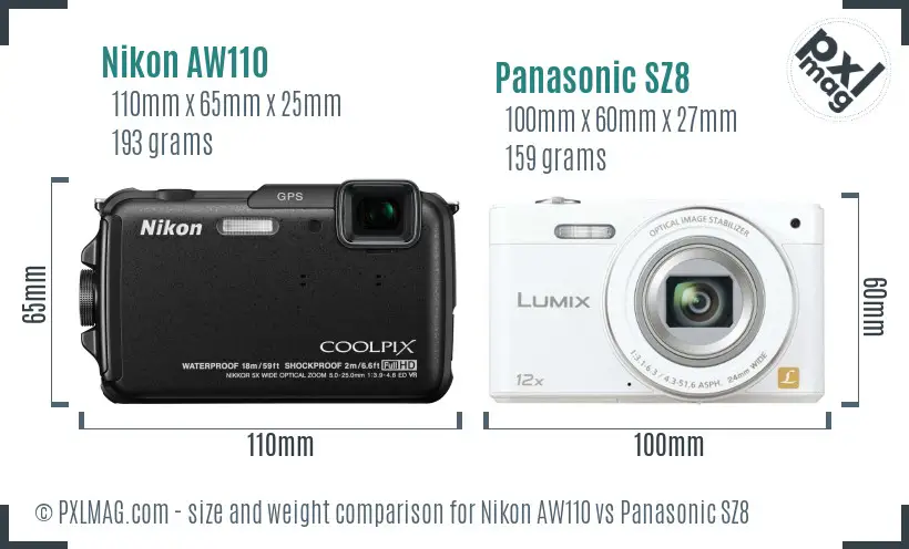 Nikon AW110 vs Panasonic SZ8 size comparison