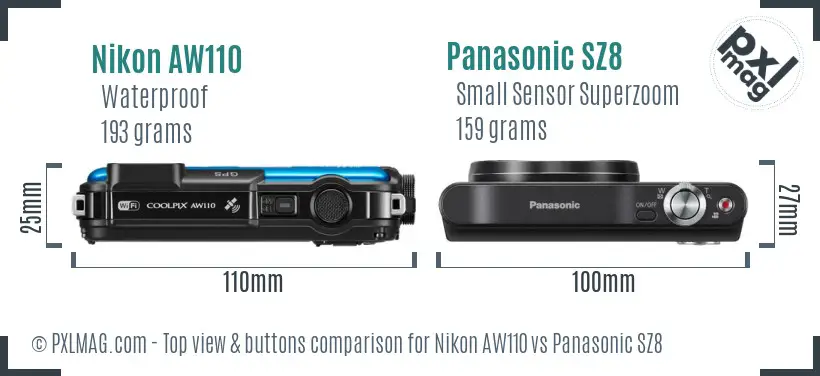 Nikon AW110 vs Panasonic SZ8 top view buttons comparison