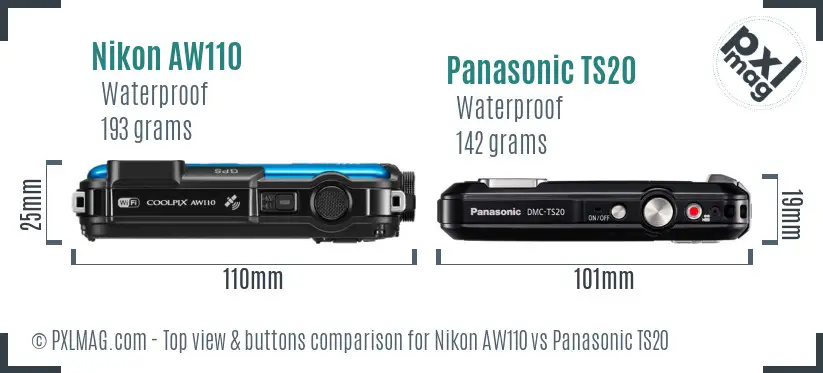 Nikon AW110 vs Panasonic TS20 top view buttons comparison Nikon AW110 vs Panasonic TS20 top view buttons comparison