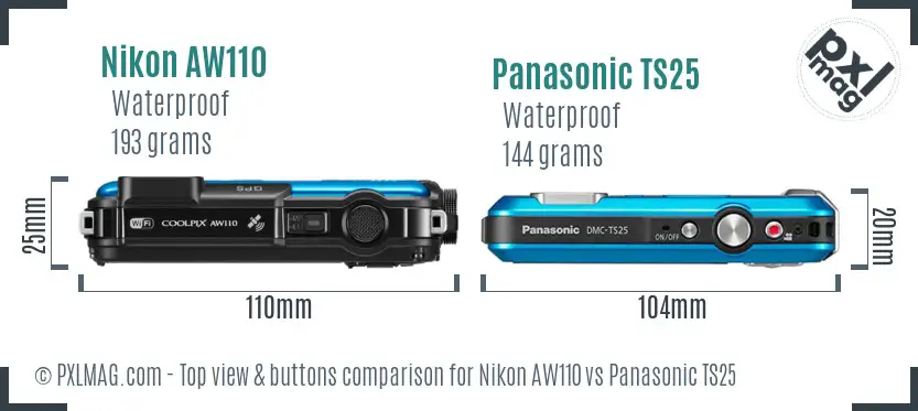Nikon AW110 vs Panasonic TS25 top view buttons comparison Nikon AW110 vs Panasonic TS25 top view buttons comparison