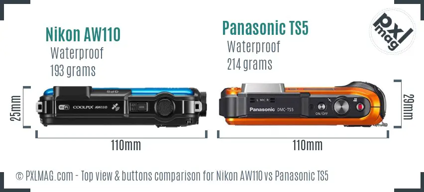 Nikon AW110 vs Panasonic TS5 top view buttons comparison