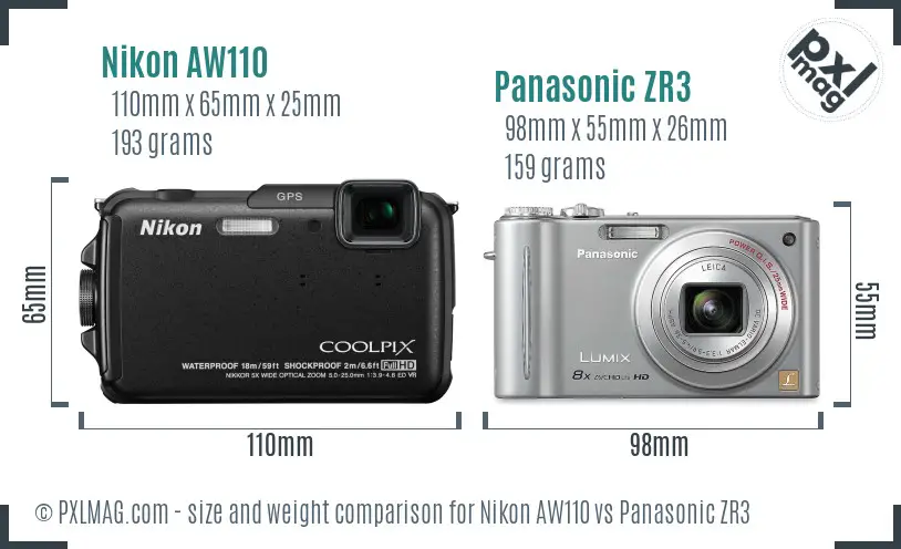 Nikon AW110 vs Panasonic ZR3 size comparison