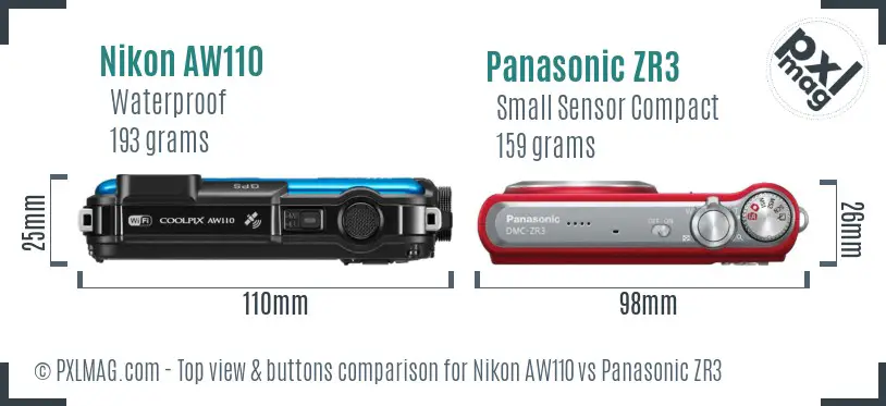 Nikon AW110 vs Panasonic ZR3 top view buttons comparison