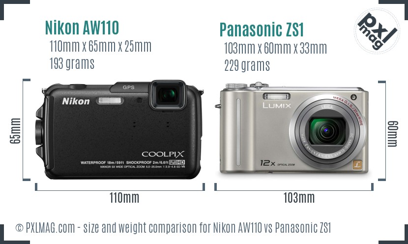 Nikon AW110 vs Panasonic ZS1 size comparison
