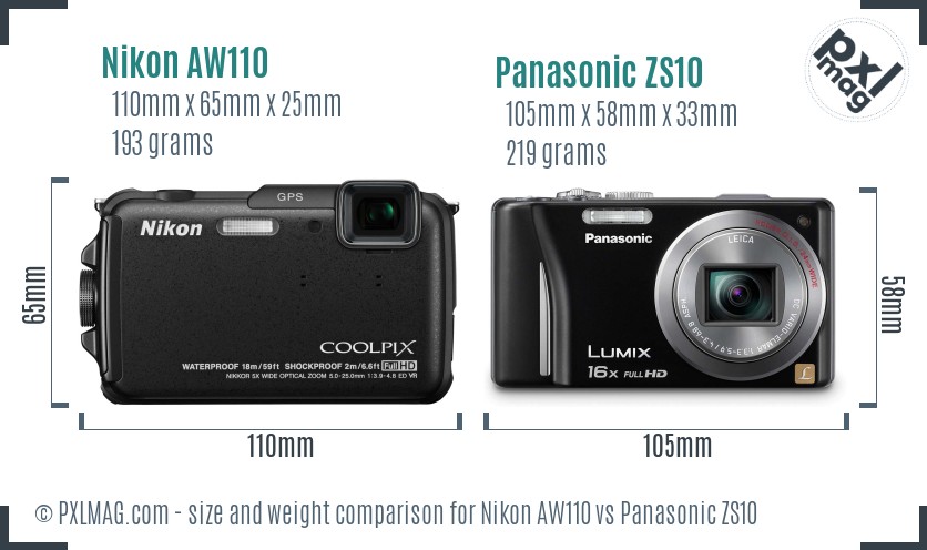 Nikon AW110 vs Panasonic ZS10 size comparison