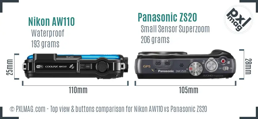 Nikon AW110 vs Panasonic ZS20 top view buttons comparison Nikon AW110 vs Panasonic ZS20 top view buttons comparison