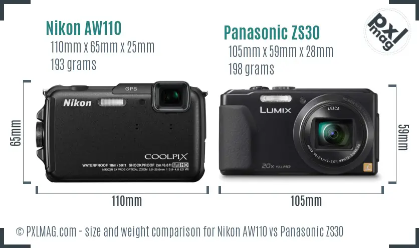 Nikon AW110 vs Panasonic ZS30 size comparison
