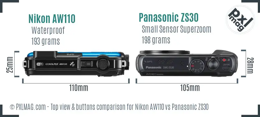 Nikon AW110 vs Panasonic ZS30 top view buttons comparison