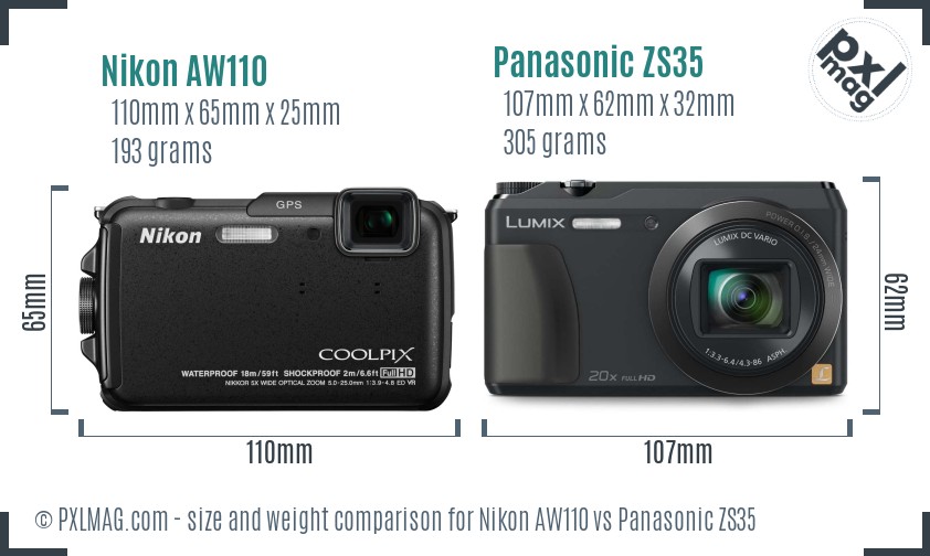 Nikon AW110 vs Panasonic ZS35 size comparison