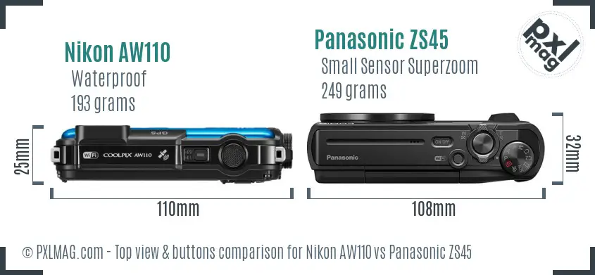 Nikon AW110 vs Panasonic ZS45 top view buttons comparison Nikon AW110 vs Panasonic ZS45 top view buttons comparison