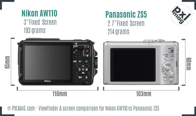 Nikon AW110 vs Panasonic ZS5 Screen and Viewfinder comparison