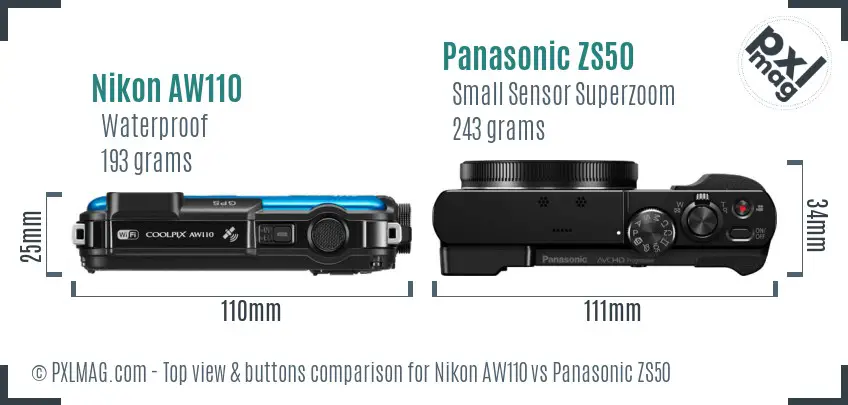 Nikon AW110 vs Panasonic ZS50 top view buttons comparison Nikon AW110 vs Panasonic ZS50 top view buttons comparison