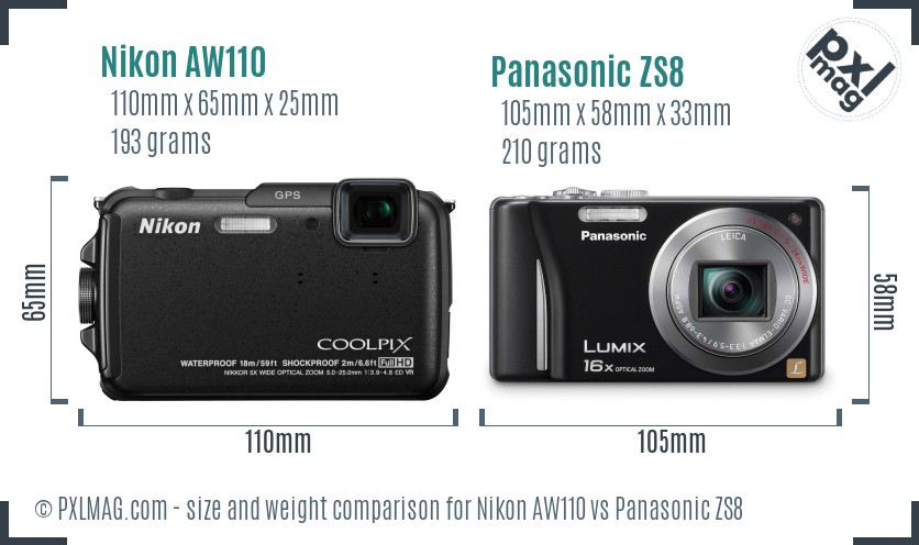 Nikon AW110 vs Panasonic ZS8 size comparison