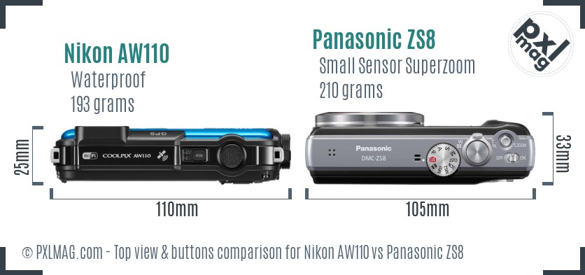 Nikon AW110 vs Panasonic ZS8 top view buttons comparison