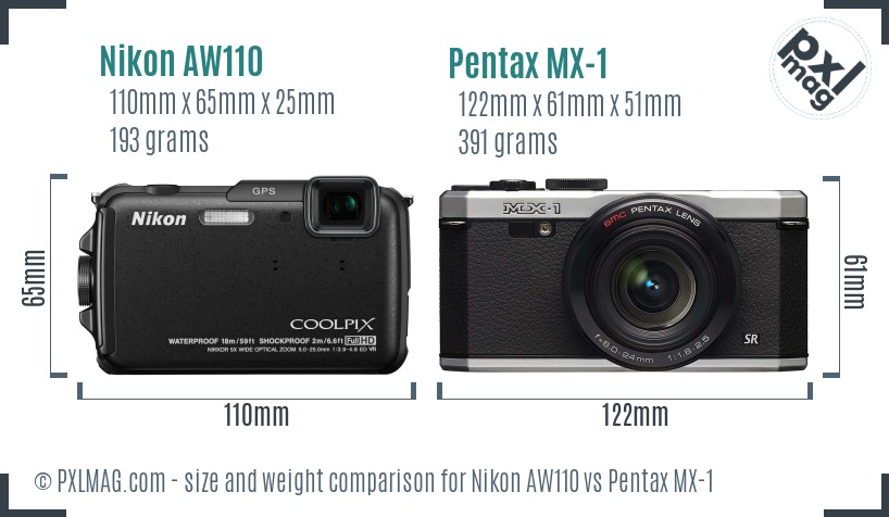 Nikon AW110 vs Pentax MX-1 size comparison