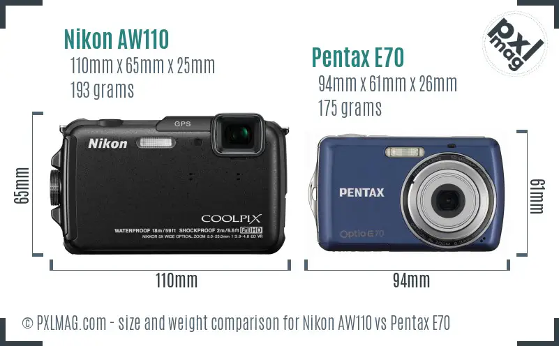 Nikon AW110 vs Pentax E70 size comparison