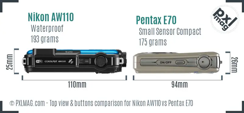 Nikon AW110 vs Pentax E70 top view buttons comparison