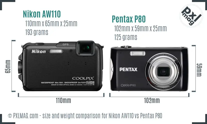 Nikon AW110 vs Pentax P80 size comparison