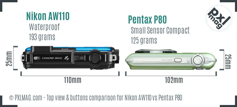 Nikon AW110 vs Pentax P80 top view buttons comparison