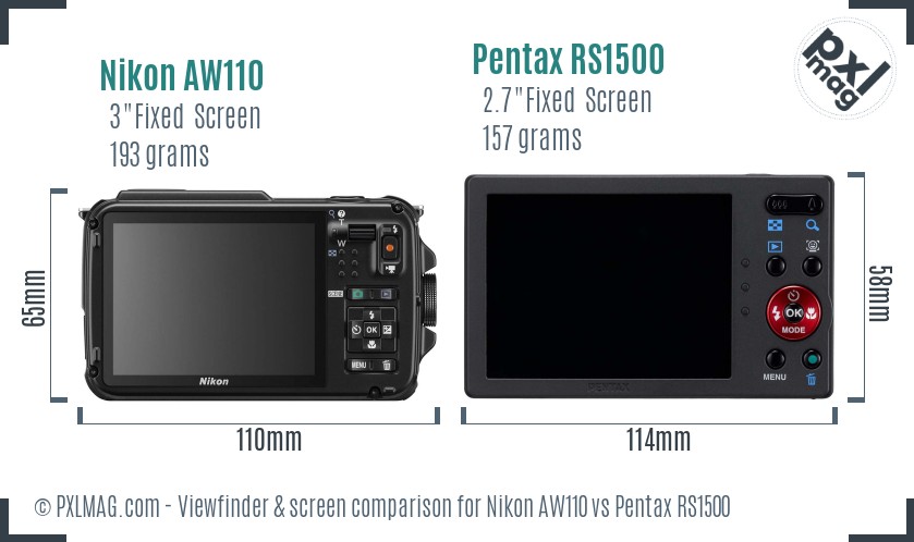 Nikon AW110 vs Pentax RS1500 Screen and Viewfinder comparison
