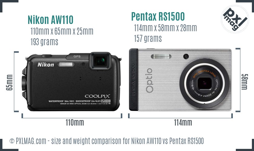 Nikon AW110 vs Pentax RS1500 size comparison