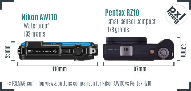 Nikon AW110 vs Pentax RZ10 top view buttons comparison