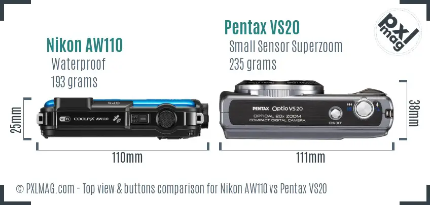 Nikon AW110 vs Pentax VS20 top view buttons comparison