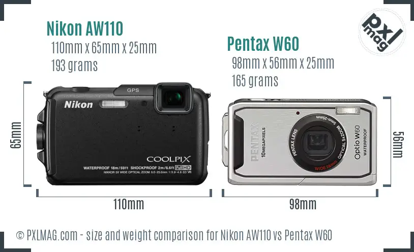 Nikon AW110 vs Pentax W60 size comparison
