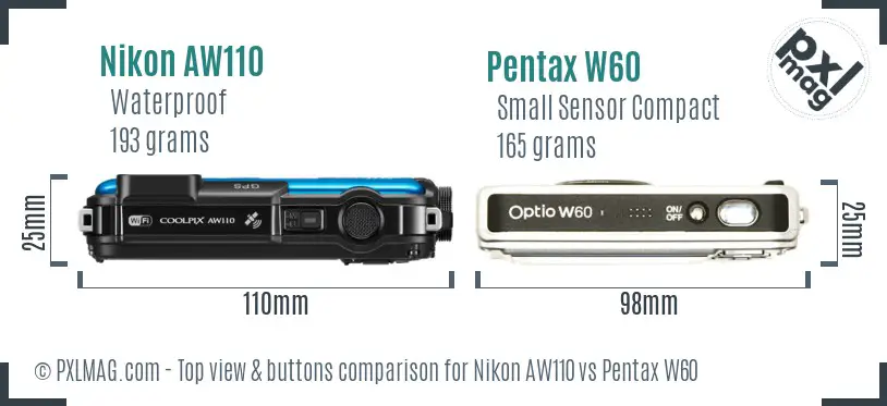 Nikon AW110 vs Pentax W60 top view buttons comparison