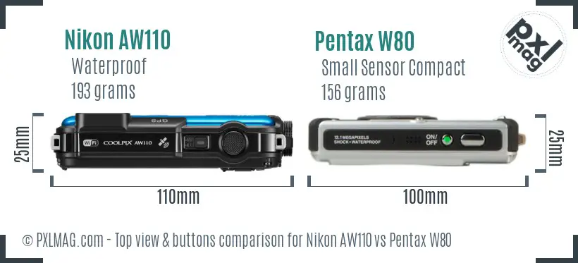 Nikon AW110 vs Pentax W80 top view buttons comparison