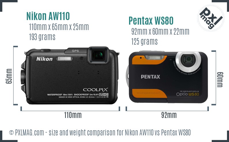 Nikon AW110 vs Pentax WS80 size comparison