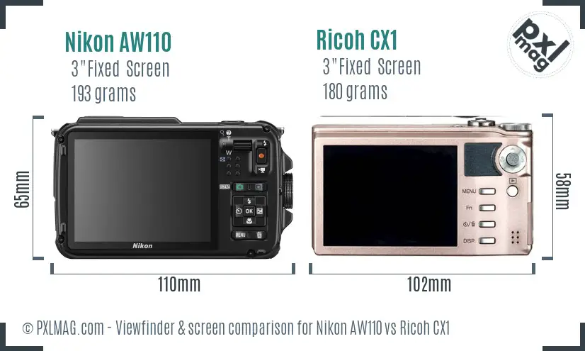 Nikon AW110 vs Ricoh CX1 Screen and Viewfinder comparison