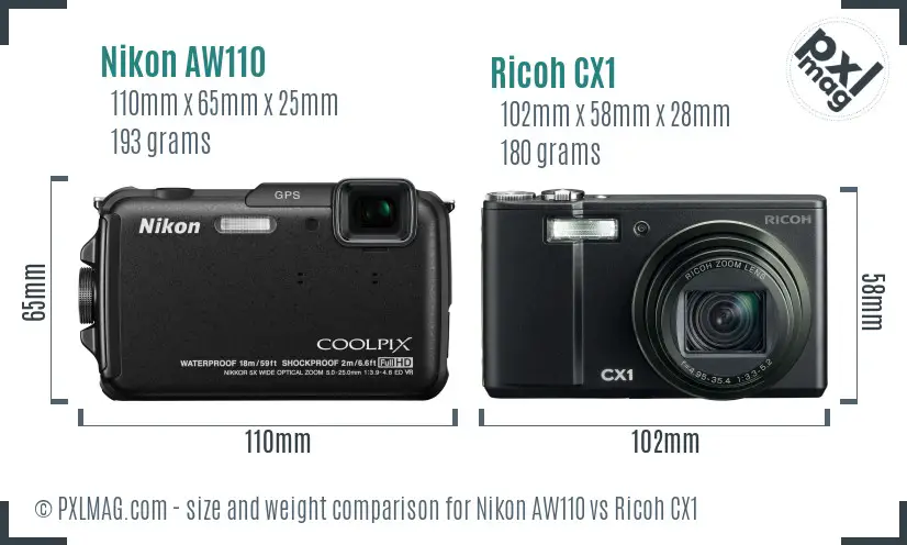 Nikon AW110 vs Ricoh CX1 size comparison