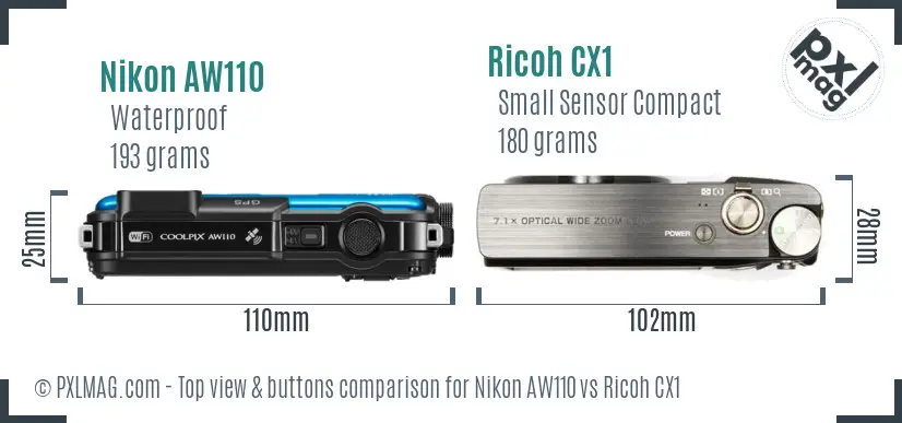 Nikon AW110 vs Ricoh CX1 top view buttons comparison
