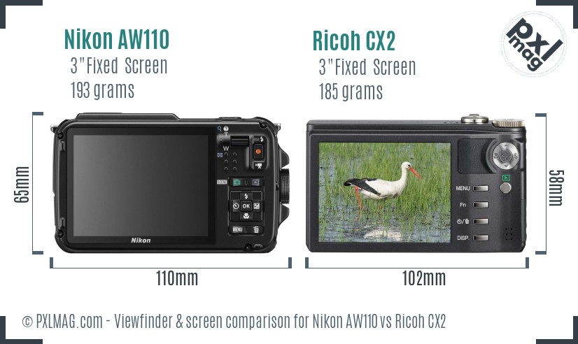 Nikon AW110 vs Ricoh CX2 Screen and Viewfinder comparison