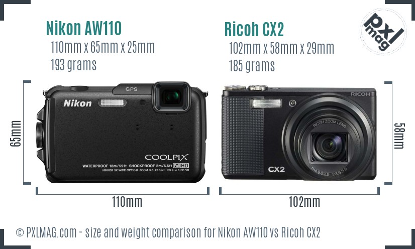 Nikon AW110 vs Ricoh CX2 size comparison Nikon AW110 vs Ricoh CX2 size comparison