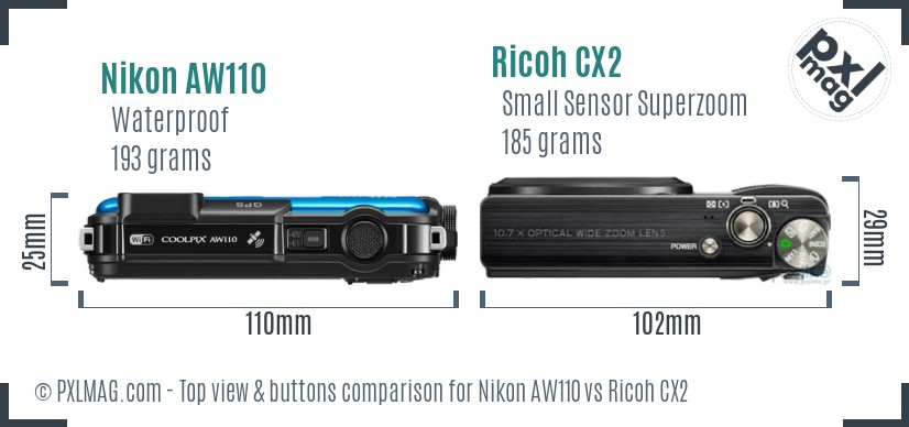 Nikon AW110 vs Ricoh CX2 top view buttons comparison