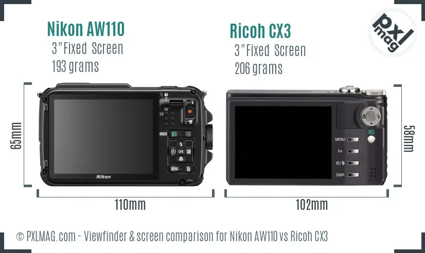 Nikon AW110 vs Ricoh CX3 Screen and Viewfinder comparison