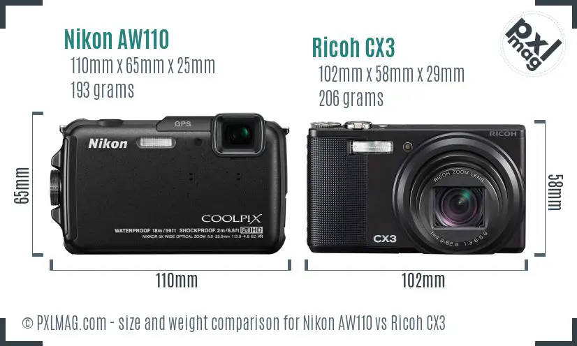 Nikon AW110 vs Ricoh CX3 size comparison
