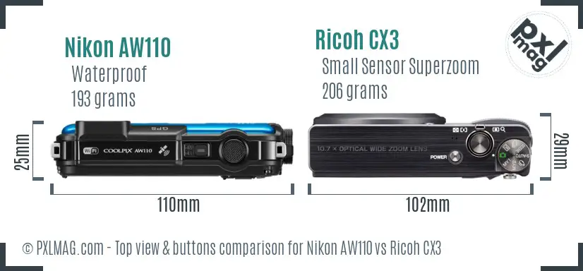 Nikon AW110 vs Ricoh CX3 top view buttons comparison
