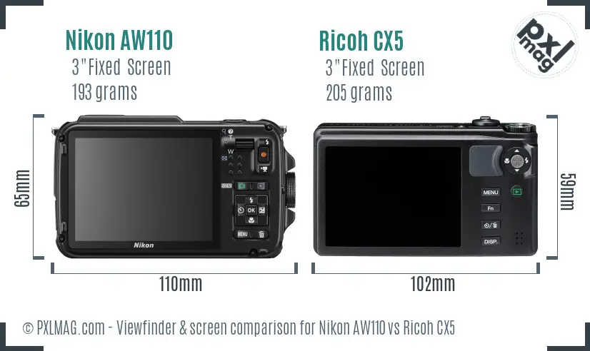 Nikon AW110 vs Ricoh CX5 Screen and Viewfinder comparison