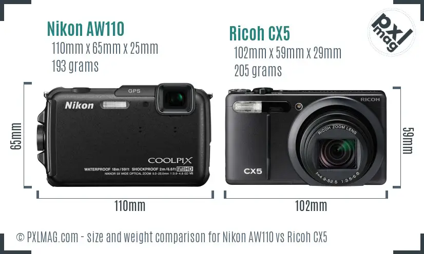 Nikon AW110 vs Ricoh CX5 size comparison