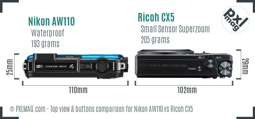 Nikon AW110 vs Ricoh CX5 top view buttons comparison