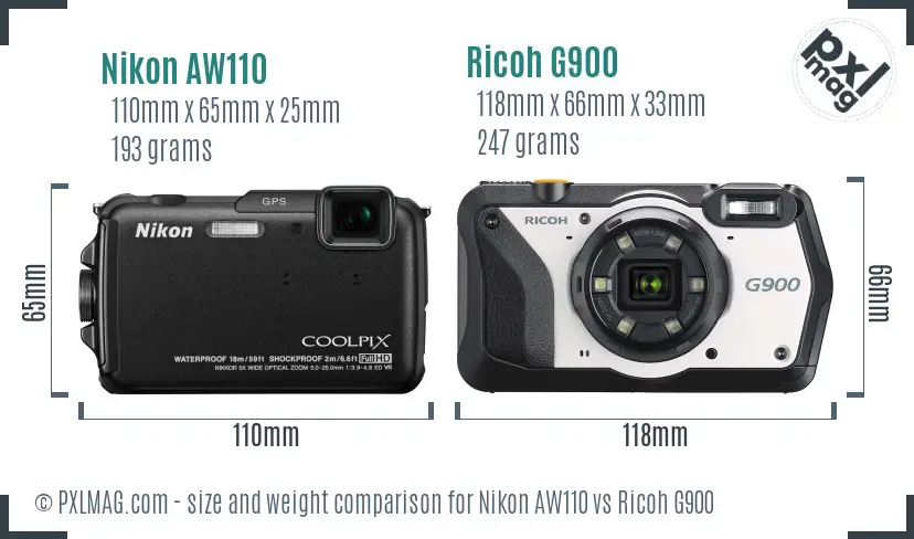Nikon AW110 vs Ricoh G900 size comparison