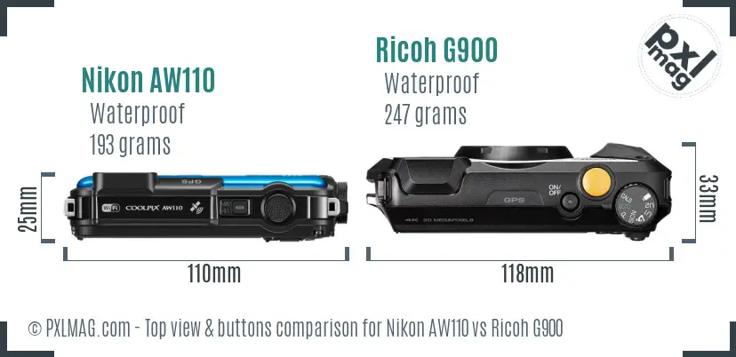 Nikon AW110 vs Ricoh G900 top view buttons comparison