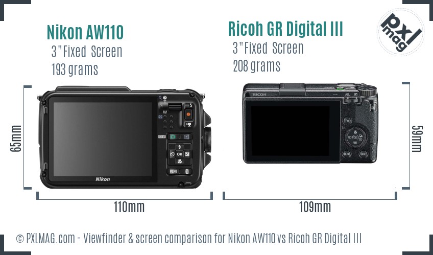 Nikon AW110 vs Ricoh GR Digital III Screen and Viewfinder comparison