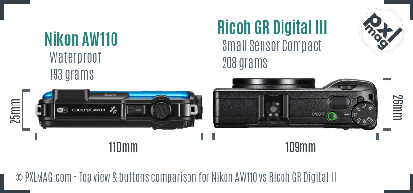 Nikon AW110 vs Ricoh GR Digital III top view buttons comparison