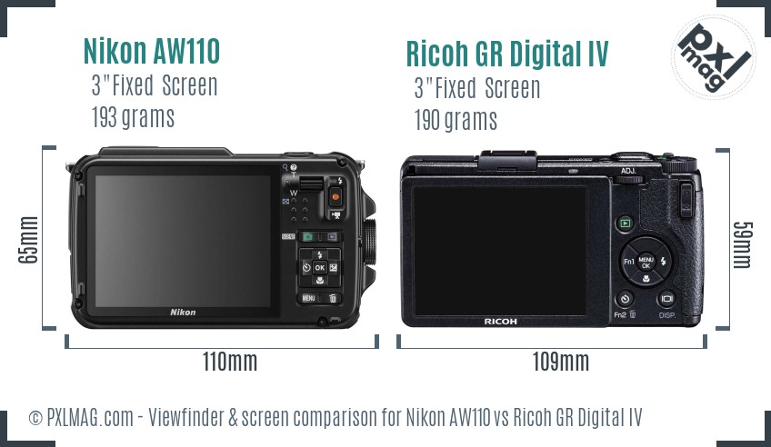 Nikon AW110 vs Ricoh GR Digital IV Screen and Viewfinder comparison