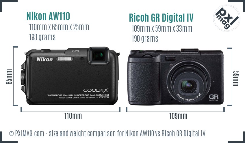 Nikon AW110 vs Ricoh GR Digital IV size comparison Nikon AW110 vs Ricoh GR Digital IV size comparison