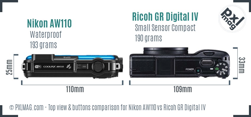 Nikon AW110 vs Ricoh GR Digital IV top view buttons comparison
